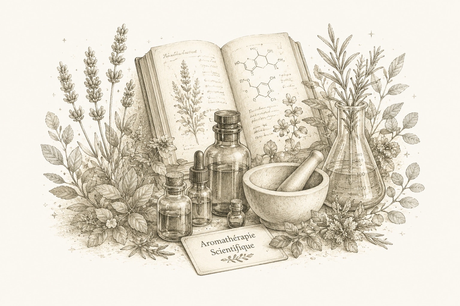 Illustration d’une formation en aromathérapie scientifique avec huiles essentielles, plantes médicinales et matériel de laboratoire
