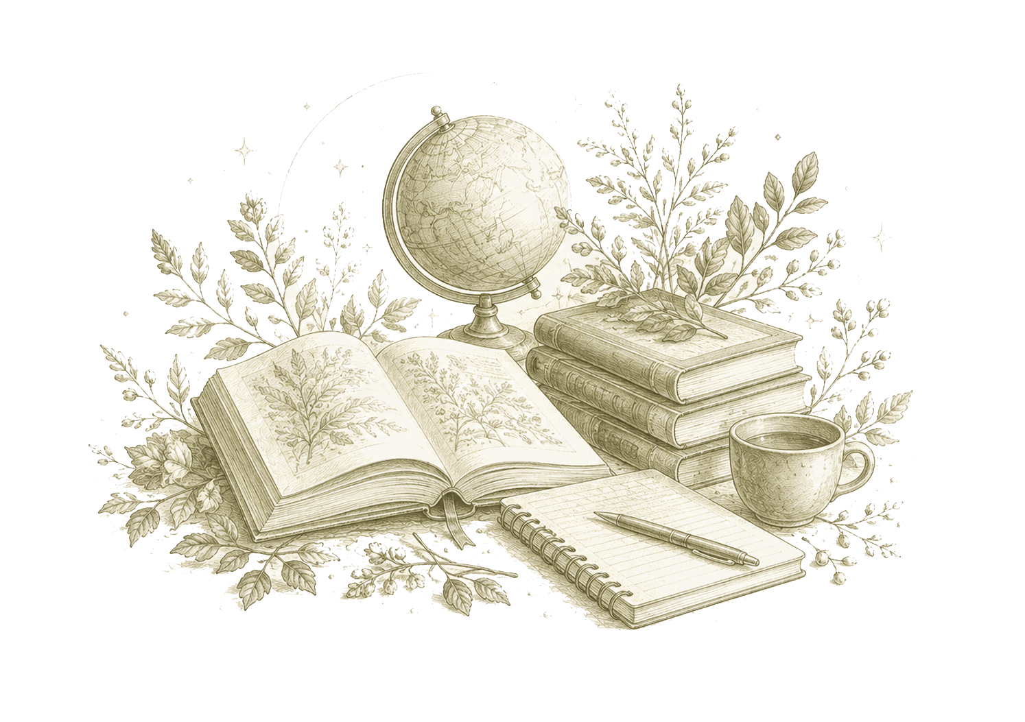 Illustration d’une formation sur mesure en médecines naturelles avec livres, carnet et éléments botaniques